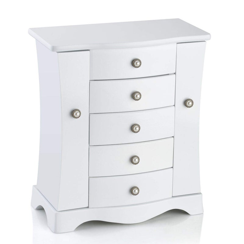 RR ROUND RICH DESIGN Jewelry Box - Made of Solid Wood with 4 Drawers Organizer and Built-in Necklace Carousel and Large Mirror White - Image 2